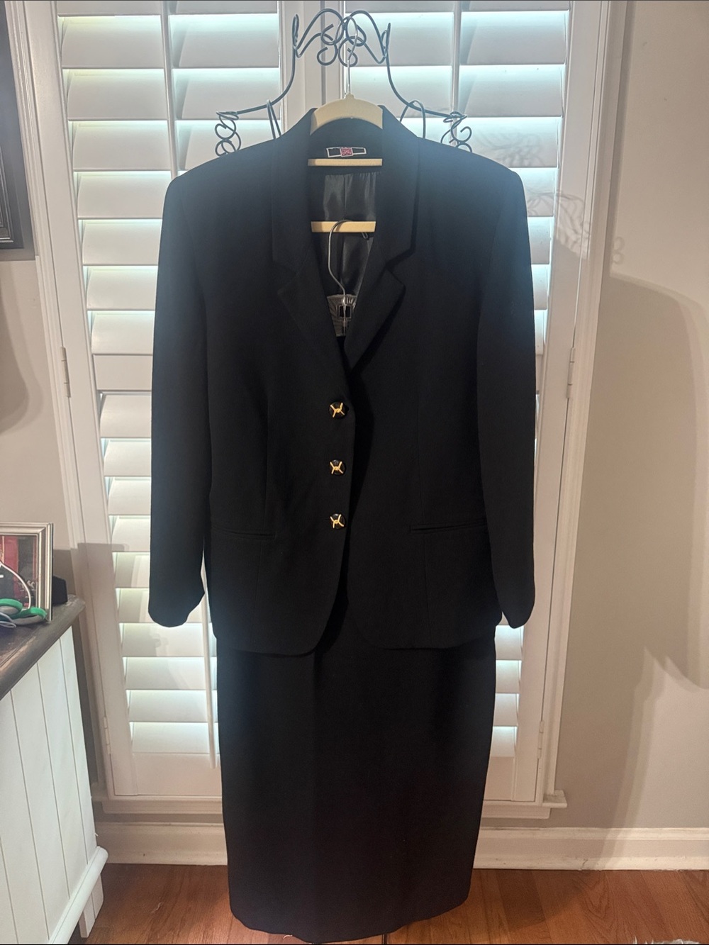 Women's Wool Black Skirt Suit with Gold Buttons